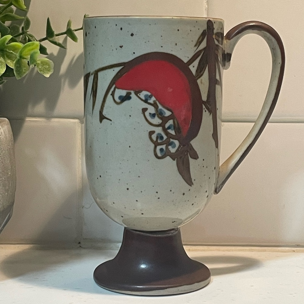 Hand-Painted Ceramic Red Floral Pedestal Stoneware Mug—Hand Wash Only!